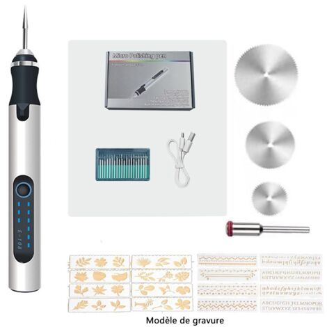 Stylo de gravure électrique sans fil avec gabarit de gravure et ensemble de disque de coupe, mini outil de gravure professionnel rechargeable par USB pour bijoux, bois, métal, pierre, plastique, argen (1/5)