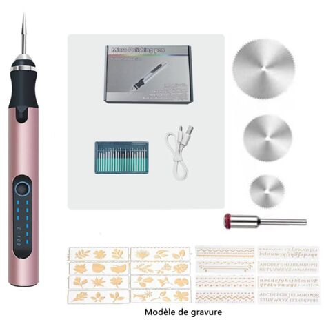 Stylo de gravure électrique sans fil avec gabarit de gravure et ensemble de disques de coupe, mini outil de gravure professionnel rechargeable par USB pour bijoux, bois, métal, pierre, plastique, arge (1/5)
