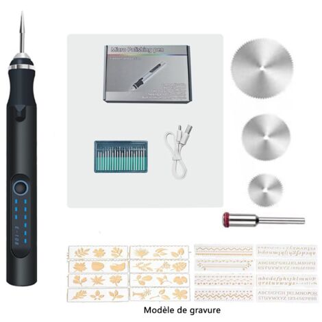Stylo de gravure électrique sans fil avec gabarit de gravure et ensemble de disques de coupe, mini outil de gravure professionnel rechargeable par USB pour bijoux, bois, métal, pierre, plastique, arge (1/5)
