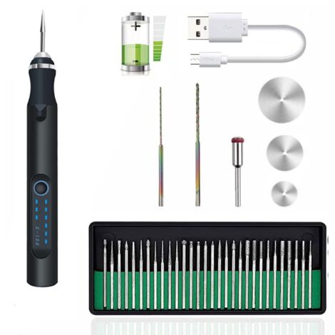 Stylo de gravure électrique sans fil, stylo de micro-gravure avec jeu de disques de ponçage et 30 pointes de meulage, mini outil de gravure professionnel rechargeable par USB pour bijoux, bois, métal, (1/5)