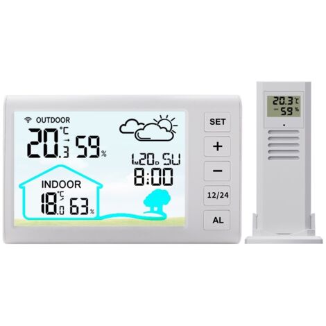 Horloge météo sans fil avec capteur à distance d'une portée de 100 m, prévisions météo, calendrier, alarme, rétroéclairage, interrupteur ℃/℉, pour maison, école et serre (1/5)