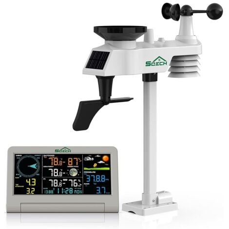 Station météo sans fil SQECH, station météo 7 en 1 avec capteurs sans fil intérieur et extérieur, prévisions météo, température et humidité, pluviomètre, vent, affichage de la date, réveil. (1/5)