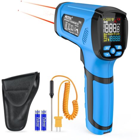 Thermomètre infrarouge MESTEK, -40℃1200℃ Thermomètre laser numérique et sonde Pistolet de température infrarouge Alarme LCD sans contact et émissivité réglable, Convient pour l'industrie de la pizza e (1/5)