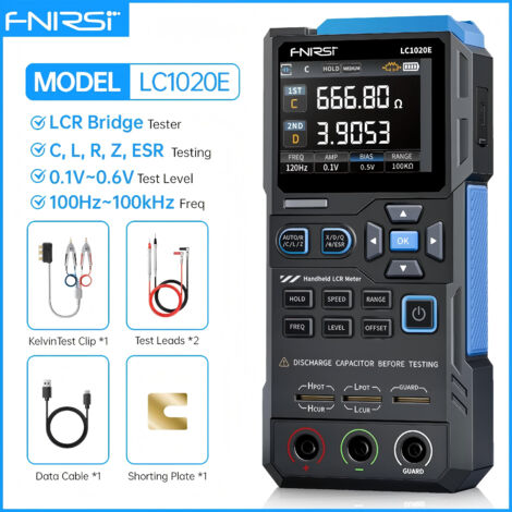 FNIRSI LC1020E LCR-mètre 100 kHz, testeur de résistances, d'inductances et de condensateurs 19 999 points, détection automatique des composants, mesure ESR/Q/D/θ/X, écran TFT couleur 2,8 pouces.