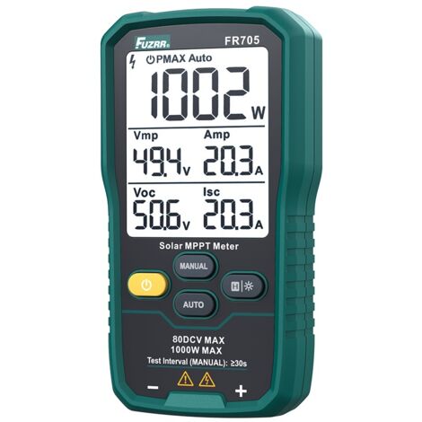 Compteur d'énergie solaire FUZRR FR705, MPPT 1000W 80V 35A, mesure Voc/Isc, haute précision, écran de 3,2 pouces. (1/5)