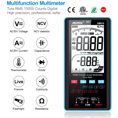 Multimètre Numérique MESTEK Testeur Electrique Digital Voltmètre Automatique 10000 Comptes TRMS Ampèremètre Ohmmètre Température CC/CA Tension Courant Capacité Résistance Diode Continuité Fréquence