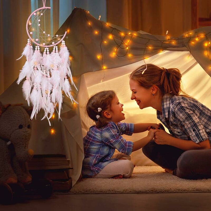 ETHKGUP Acchiappasogni per bambini decorazione bohémien fatta a mano acchiappasogni a LED stanza e regalo creativo per bei sogni decorazione da parete per auto piume bianco 