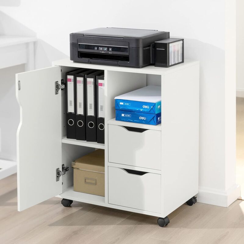 SoBuy Filing Cabinet With Wheels and 1 Door 2 Drawers Storage Office Cabinet Printer Stand Side Table End Table FBT105 W