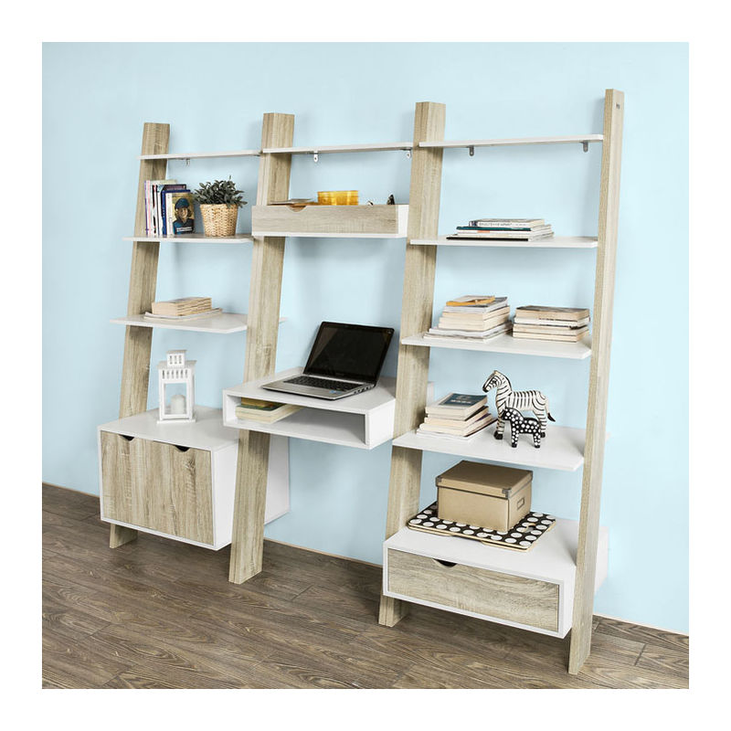 Ladder Shelf Wall Shelf Bookcase Storage Display Shelving Unit with 4 Shelves and Drawer 20% FRG112-WN SoBuy Promotion
