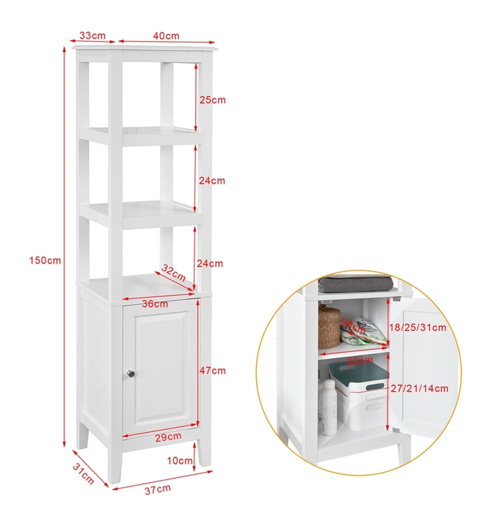 Grey Floor Standing Tall Bathroom Storage Cabinet with 3 Shelves and 1 Cabinet 40x33x151cm SoBuy® FRG205-DG 
