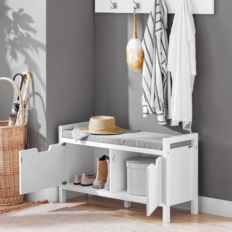 SoBuy Hallway Storage Bench Shoe Bench with 2 Doors and Seat Cushion,FSR146-W