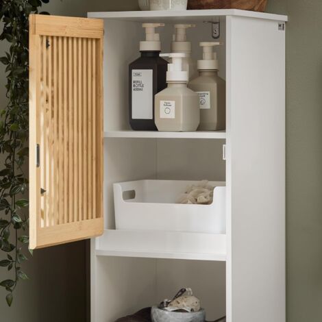 SoBuy Tall Cupboard Bathroom Cabinet with 2 Bamboo Slatted Doors,BZR127-W