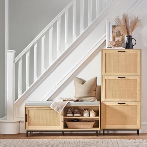 SoBuy Hallway Storage Bench Shoe Bench Shoe Rack Shoe Cabinet with 2 Sliding Doors,FSR154-N