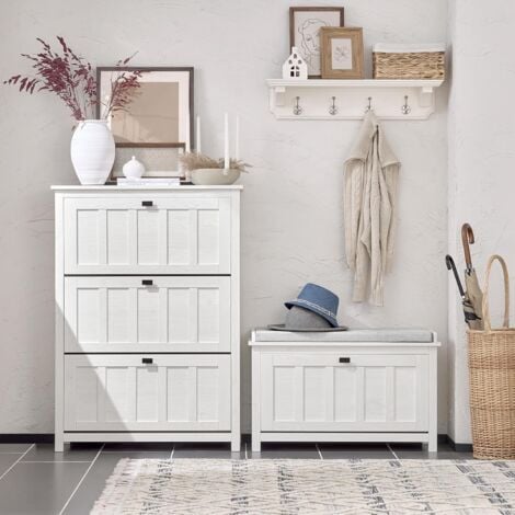 SoBuy Shoe Bench with Flip-drawer and Seat Cushion White,FSR161-W