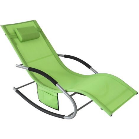SoBuy Sun Lounger Garden Chair Recliner with Cushioned Pillow & Side Pocket Garden Rocking Chair with Steel Frame Outdoor Furniture for Patio Poolside Green OGS28-GR