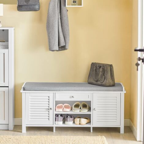 SoBuy Rack Shoe Cabinet with 2 Shutter Doors 1 Drawer and Movable Seat Cushion Storage Bench,FSR83-W