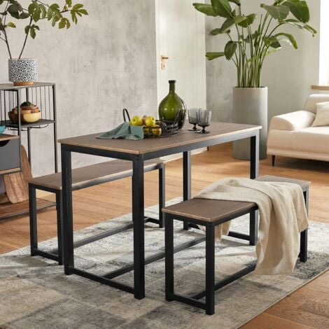 SoBuy OGT25-N,Industrial Design Dining Set-Dining Table and 2 Benches with Dark Wooden Effect