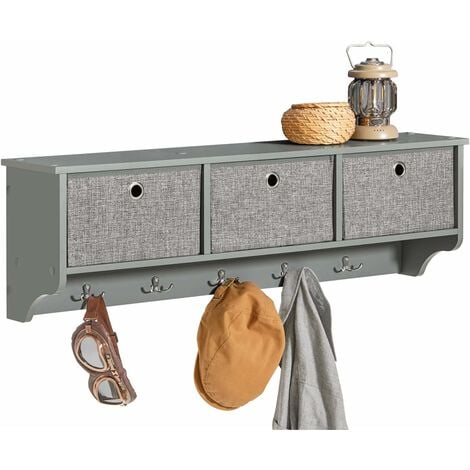 SoBuy Wall Coat Rack Wall Shelf Wall Storage Cabinet Unit with 3 Baskets 5 Hooks Grey,FRG282-HG