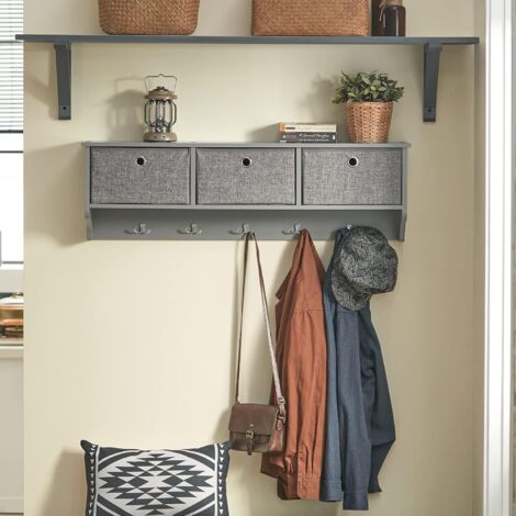SoBuy Wall Coat Rack Wall Shelf Wall Storage Cabinet Unit with 3 Baskets 5 Hooks Grey,FRG282-HG