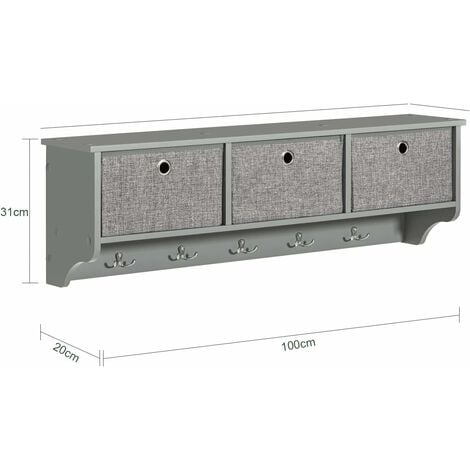 SoBuy Wall Coat Rack Wall Shelf Wall Storage Cabinet Unit with 3 Baskets 5 Hooks Grey,FRG282-HG