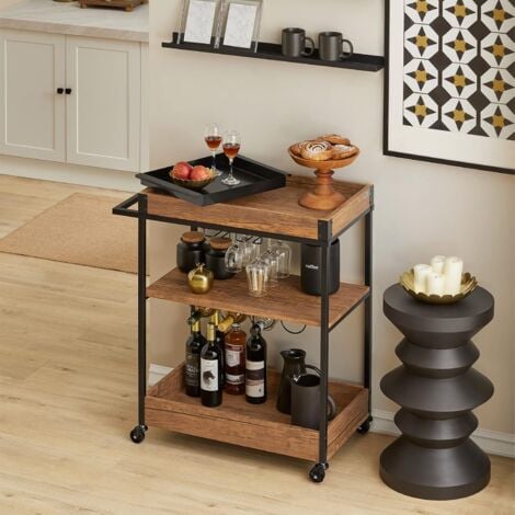 SoBuy 3 Tiers Kitchen Trolley Serving Trolley with Wine Rack and Removable Tray,SVW19-N
