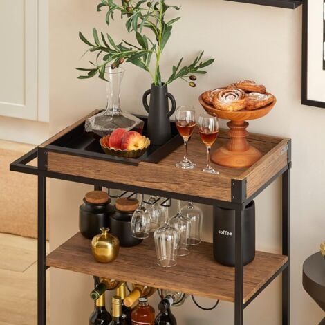 SoBuy 3 Tiers Kitchen Trolley Serving Trolley with Wine Rack and Removable Tray,SVW19-N