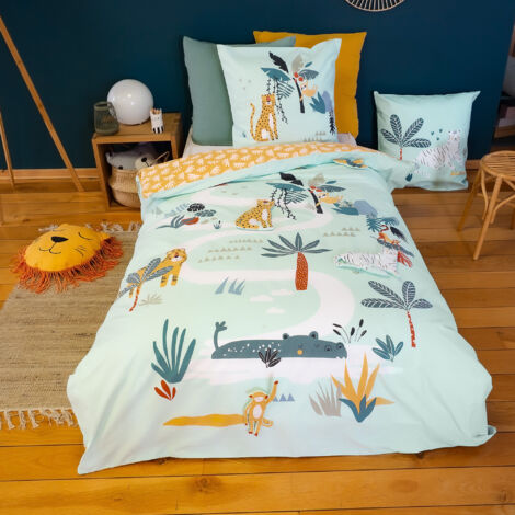 Parure de lit enfant jungle mania en microfibre 100% polyester – Housse 140x200 cm – Taie 63x63 cm – Séchage rapide – Linnea