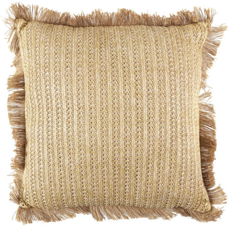 Coussin à franges en polyester et lin 40x40 cm collection RAPHIA beige doré (1/5)