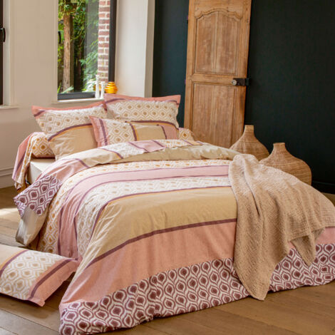 Parure de lit 100% coton INOUK rose/beige Taie 65x65 cm 140x200 cm