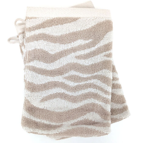 Lot de 2 gants de toilette 16x21 cm ZEBRA SOFT pur coton motif zèbre beige (1/5)