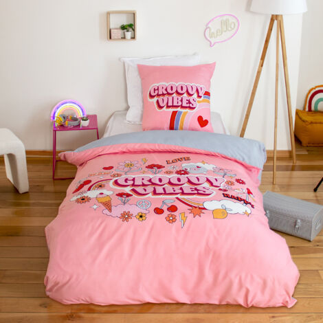 Parure de lit enfant GROOVY VIBES 140x200 cm en microfibre rose 2 pièces (1/5)