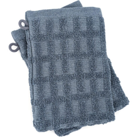 Lot de 2 gants de toilette 16x21 cm pur coton collection DENIM à bordures géométrique bleu (1/5)