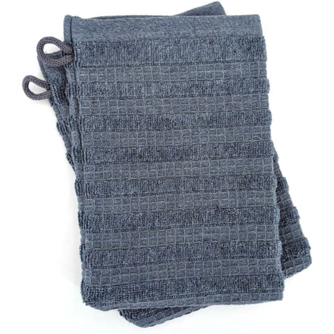 Lot de 2 gants de toilette 16x21 cm pur coton collection DENIM à rayures bleu (1/5)