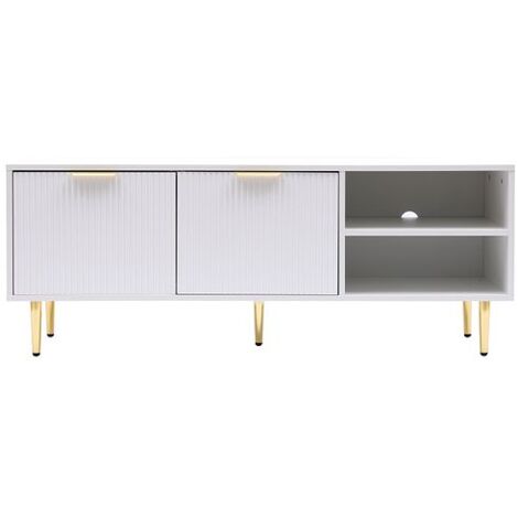 White MMT TV Stand, TV Stand Cabinet with Fluted Ribbed Gloss Doors and Legs, 130cm TV (1/5)