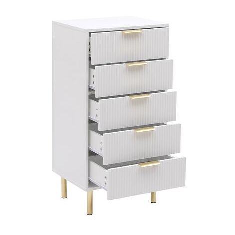 White Gloss Chest of Drawers, Gold Handles & Legs, 5 Drawer
