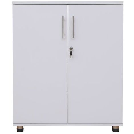 White wooden Filing cabinet with 2 shelves - 2 Door Lockable Filing Cabinet - Short wood Office Storage Cupboard Organiser - Strong and Sturdy Shelving Unit 90cm(h) 75cm(w) 40cm(d) (1/5)