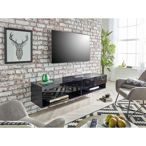 Modern Black Gloss and Matt Floating Wall Mounted TV Cabinet with LED lights 140cm wide x 29cm deep x 29cm tall