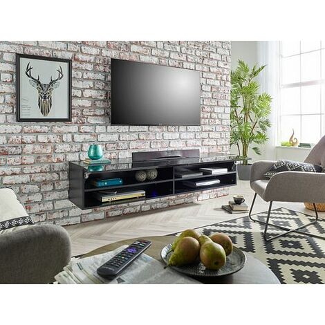 Modern Black Gloss and Matt Floating Wall Mounted TV Cabinet with LED lights 140cm wide x 29cm deep x 29cm tall