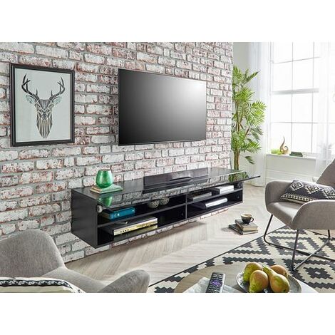 Modern Black Gloss and Matt Floating Wall Mounted TV Cabinet with LED lights 140cm wide x 29cm deep x 29cm tall