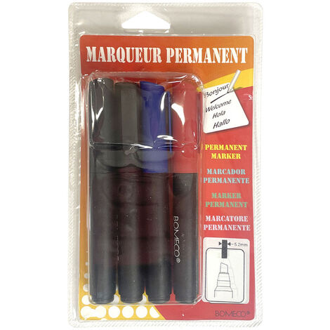 Marqueurs permanents assortis pointe biseautée 5,2 mm. Blister de 4 : 1 rouge, 1 bleu et 2 noirs (1/2)