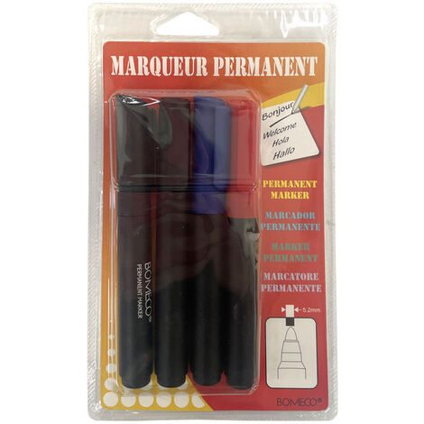 Marqueurs permanents assortis pointe ogive 5,2 mm. Blister de 4 : 1 rouge, 1 bleu et 2 noirs (1/2)