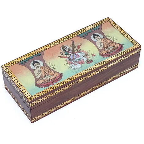Boîte décorative Bouddha et Saraswati en bois de manguier