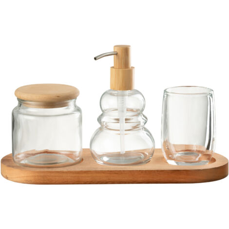 Ensemble de 4 accessoires de salle de bain en verre et bois (1/2)