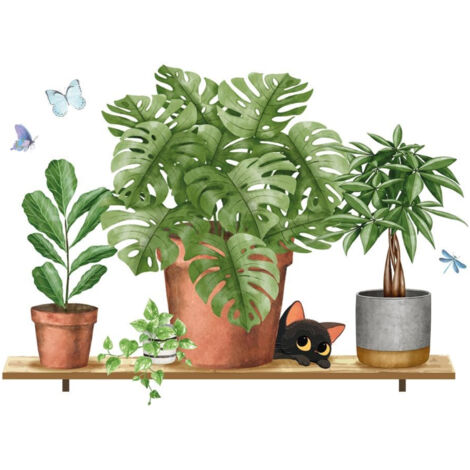 Autocollant mural plantes et chaton sur étagère (1/2)