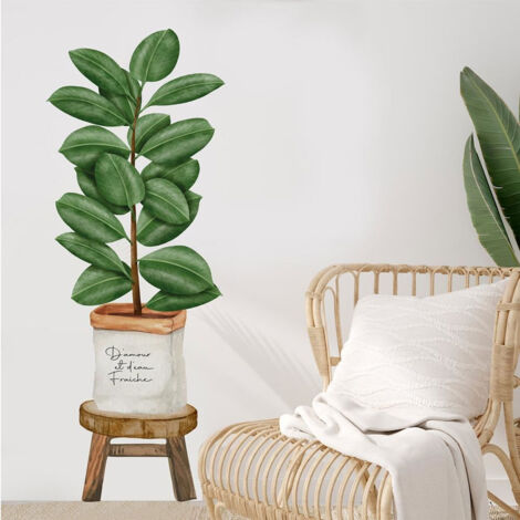 Autocollant Mural Plante Verte 3D – Bonsaï Tropical, Vinyle Amovible, Déco Salon, Chambre, Bureau