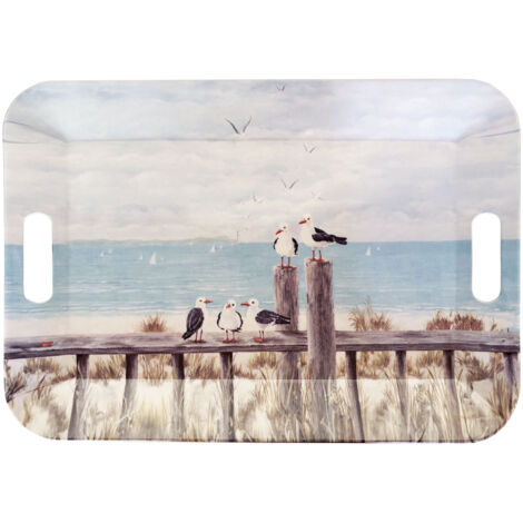 Grand plateau rectangulaire bleu mouettes sur le quai
