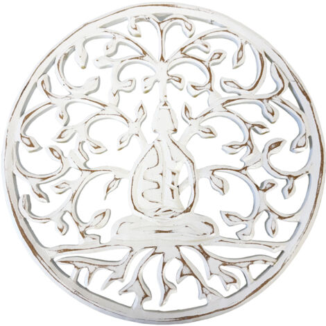 Décoration murale Arbre Bouddha en bois blanc patiné  30 cm (1/2)