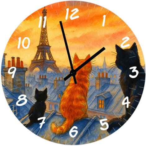 Horloge ronde en verre Chats sur les toits de Paris (1/2)
