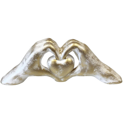 Statue en céramique mains en coeur Blanc patiné or (1/2)