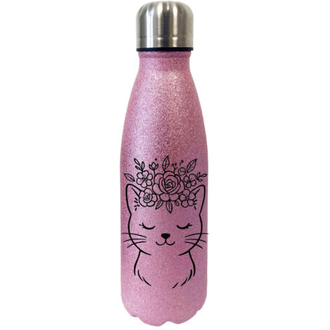 Bouteille chat avec couronne de fleurs à paillettes (1/2)